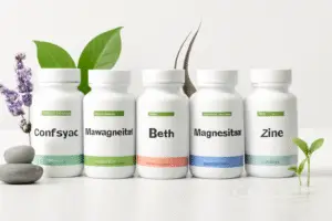 alt="Natural supplements for stress-induced hair loss including Ashwagandha CortiSync Biotin Zinc and Magnesium bottles with healthy hair growth visualization"