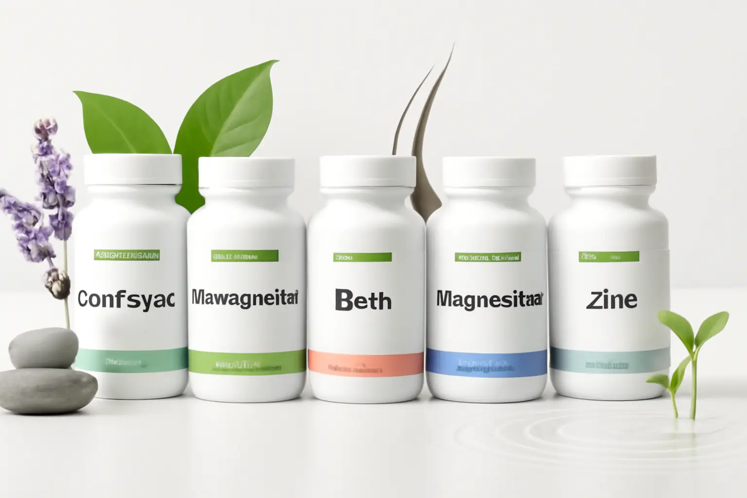 alt="Natural supplements for stress-induced hair loss including Ashwagandha CortiSync Biotin Zinc and Magnesium bottles with healthy hair growth visualization"