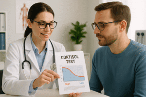 A healthcare professional explaining how to go about interpreting cortisol test results with a patient, showing a chart with levels.