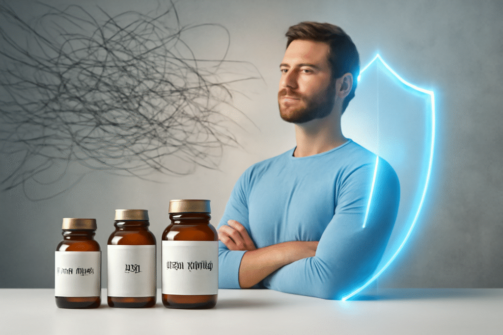 alt="A shield protecting a person from stress, with bottles of supplements for stress and immune system support like CortiSync, Vitamin D, and Zinc in the foreground."
