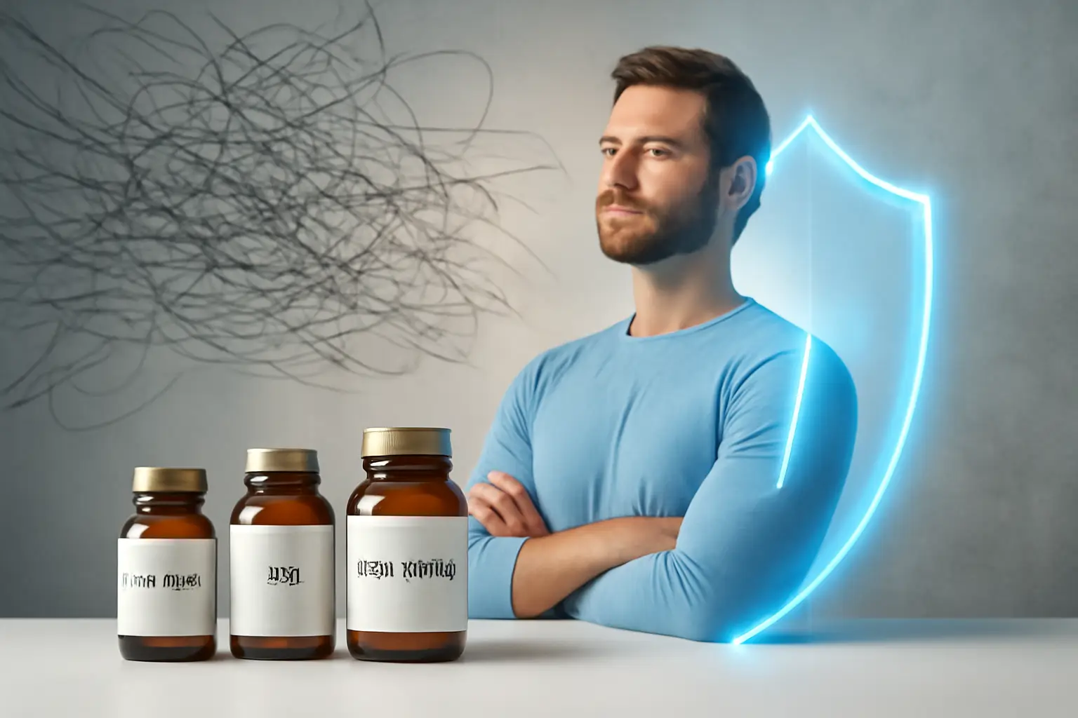 alt="A shield protecting a person from stress, with bottles of supplements for stress and immune system support like CortiSync, Vitamin D, and Zinc in the foreground."