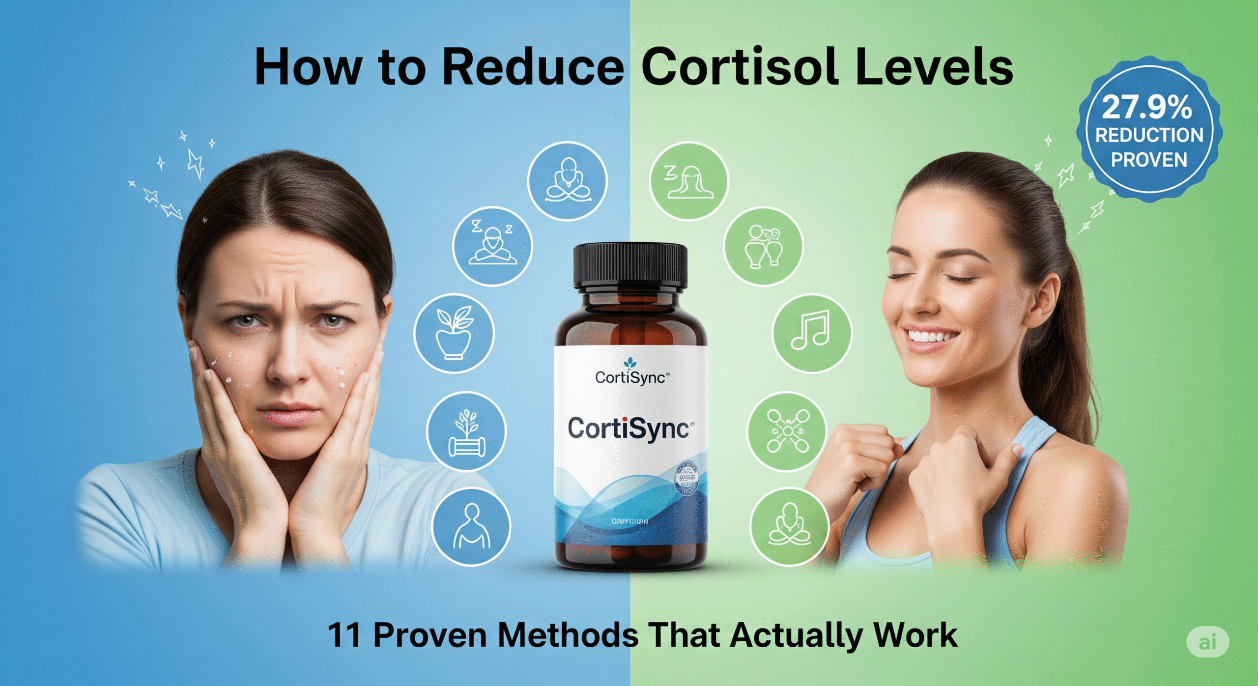 How to reduce cortisol levels naturally - 11 proven methods featuring CortiSync supplement with before and after transformation showing stress relief results