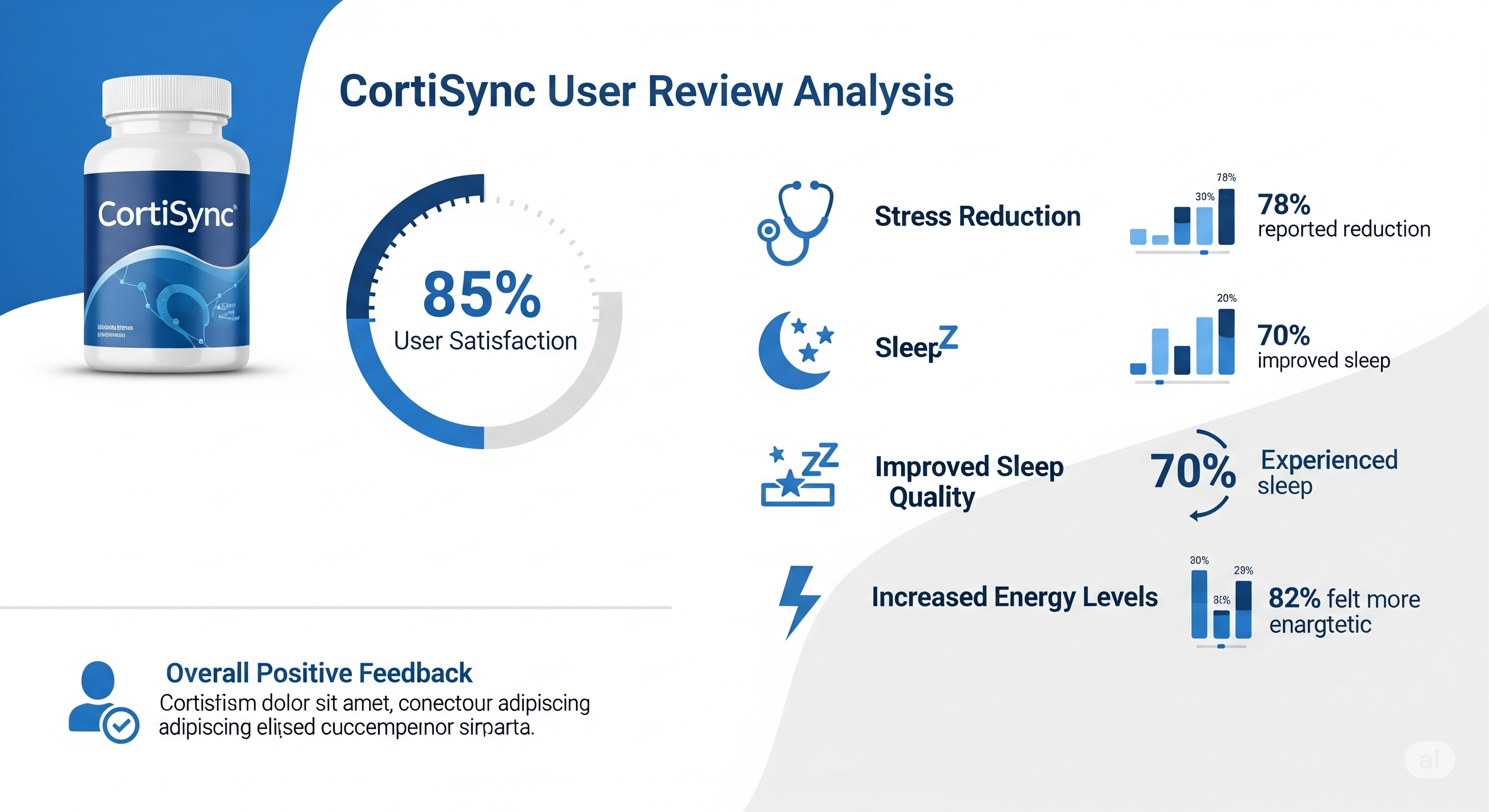 Infographic summarizing customer feedback data showing stress relief benefits from verified testimonials and clinical effectiveness
