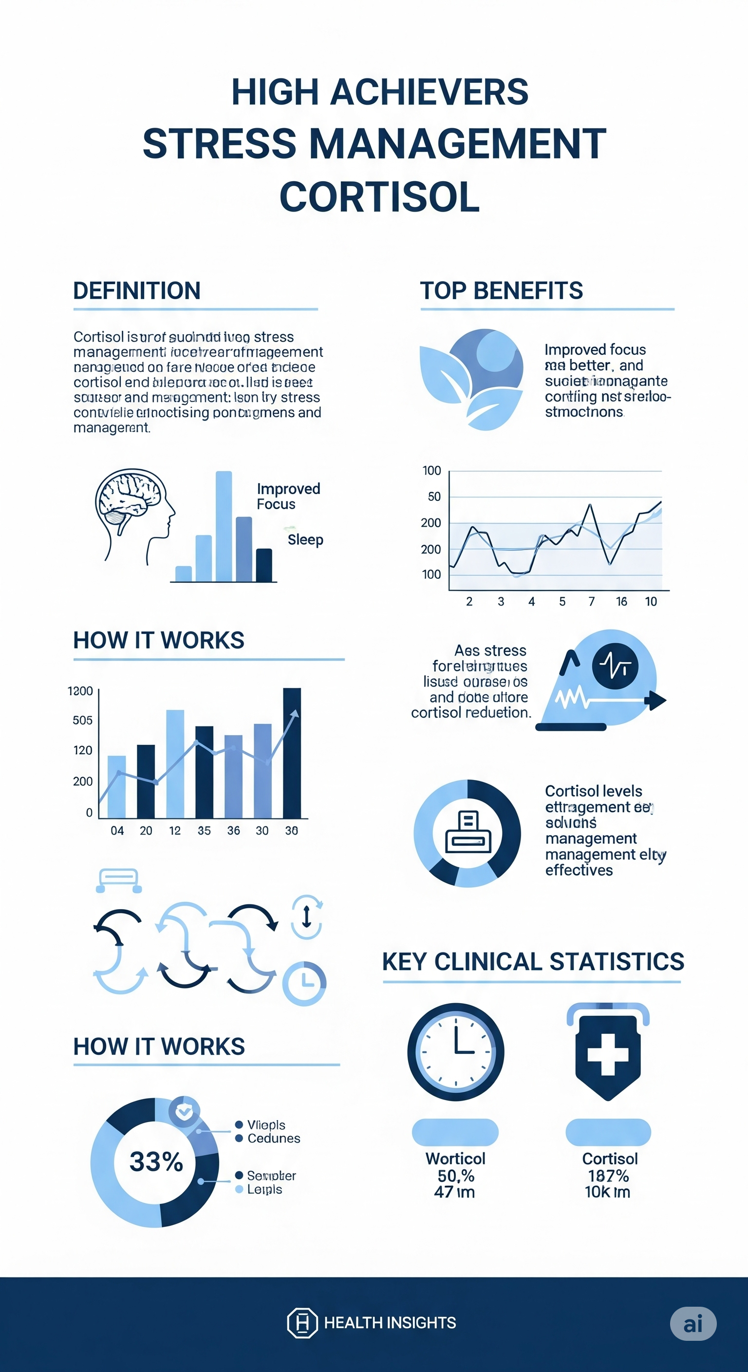Evidence-based high achievers stress management cortisol infographic showing 7 key clinical benefits and research data