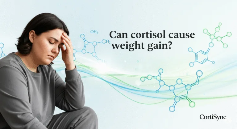 Feature image showing a stressed individual with belly fat, hormone chemistry background, and CortiSync branding.