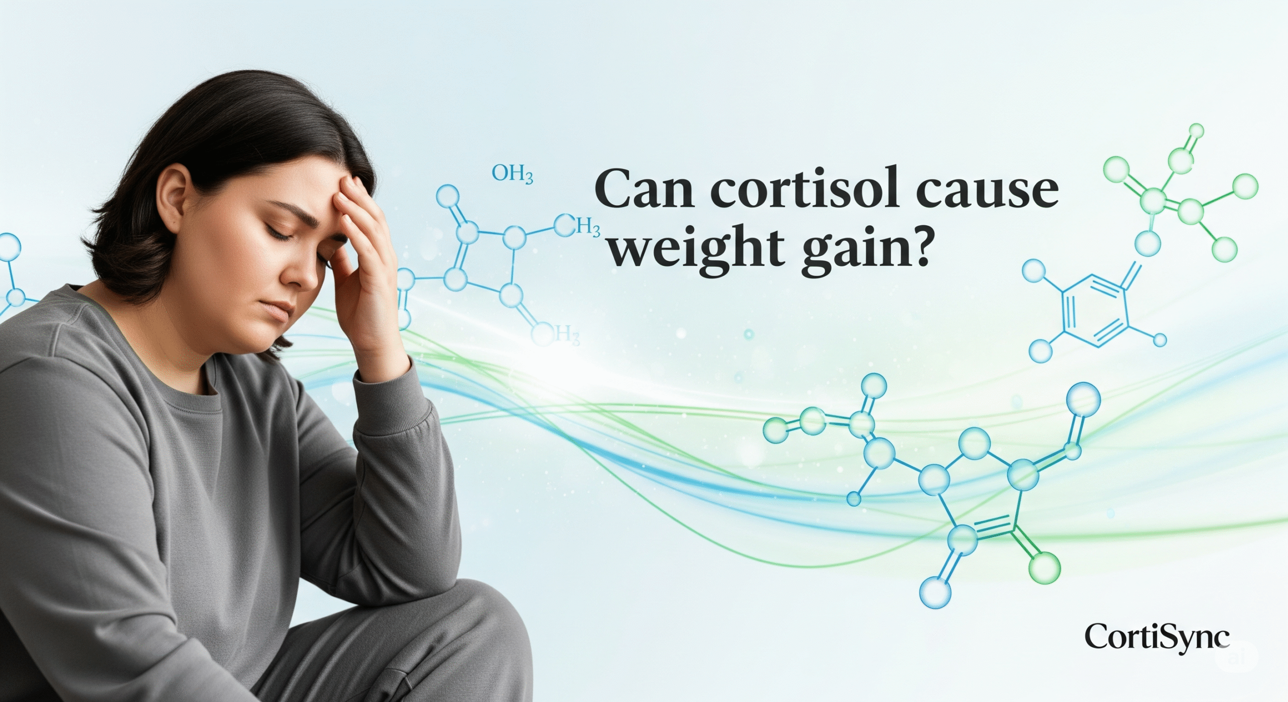 Feature image showing a stressed individual with belly fat, hormone chemistry background, and CortiSync branding.