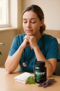 A healthcare worker practicing stress management techniques, supported by supplements like CortiSync