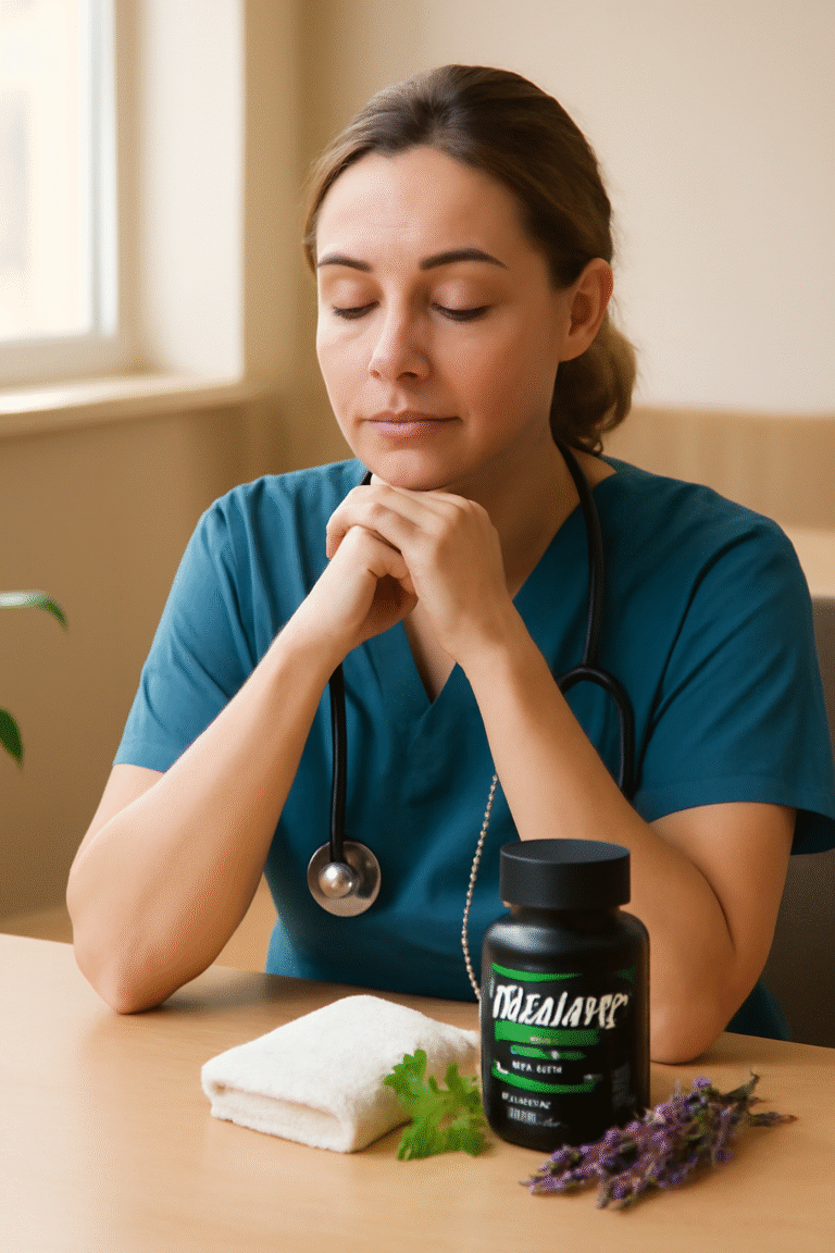 A healthcare worker practicing stress management techniques, supported by supplements like CortiSync