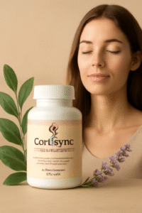 "An elegant image showing a serene woman alongside CortiSync, one of the best natural stress supplements for women, symbolizing hormonal balance and calm."