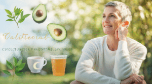 A visual guide to holistic cortisol management, showing a person surrounded by symbols of a balanced lifestyle: healthy food, adaptogenic herbs, and sleep.