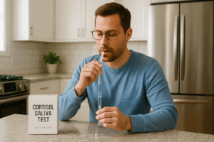 A person using an at-home saliva kit to test cortisol levels, illustrating a simple and accessible method for monitoring stress hormones.