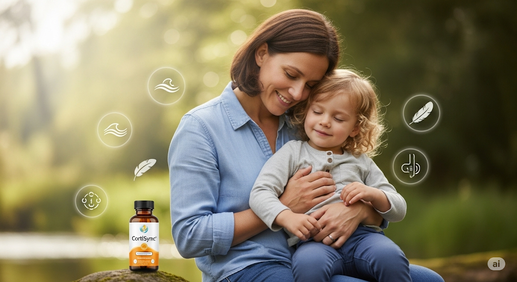 Alt: "Natural stress relief for busy parents featuring CortiSync for calm, patient parenting"