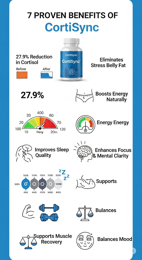 CortiSync review infographic showing the 7 proven benefits of CortiSync supplement for stress relief, cortisol reduction, and improved energy