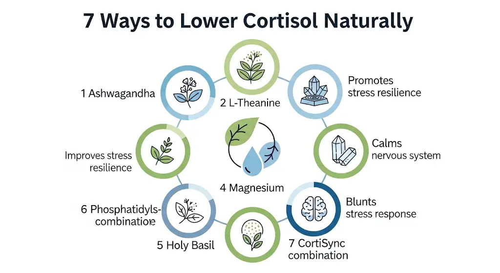 Lower cortisol naturally infographic showing 7 natural supplements