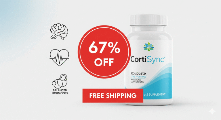 Feature image showing the CortiSync supplement bottle next to a "67% OFF" discount badge and icons representing stress relief benefits, illustrating the value of CortiSync discount codes.