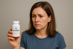 Concerned woman holding a CortiSync bottle, reflecting the question: Is CortiSync safe?