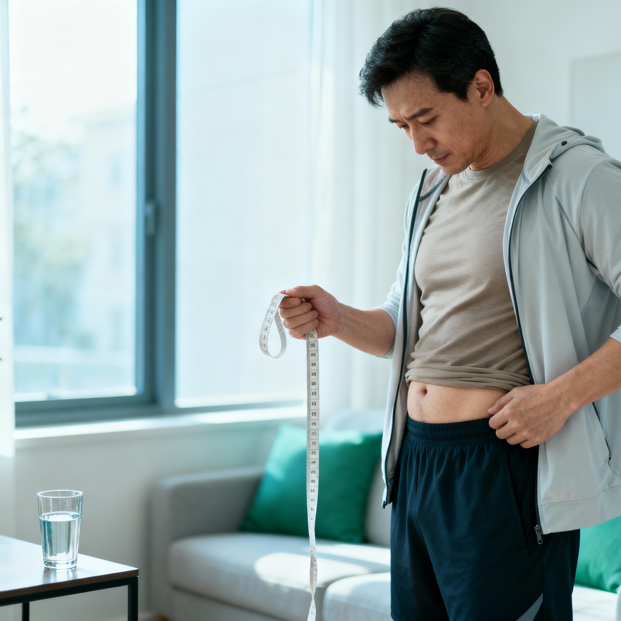 cortisol belly in men feature image — photorealistic person thoughtfully assessing mid-section in natural light, calm editorial health vibe.