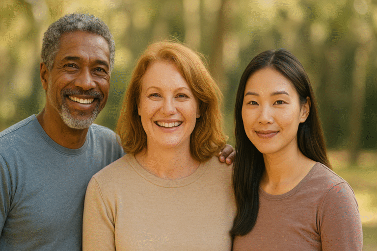 stress management programs cortisol – lifestyle photo of diverse group outdoors smiling