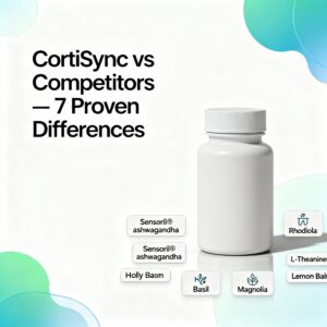 CortiSync vs competitors feature image in illustrative realism with a neutral supplement bottle and ingredient badges: Sensoril® ashwagandha, Rhodiola, L-Theanine, Holy Basil, Magnolia, Lemon Balm