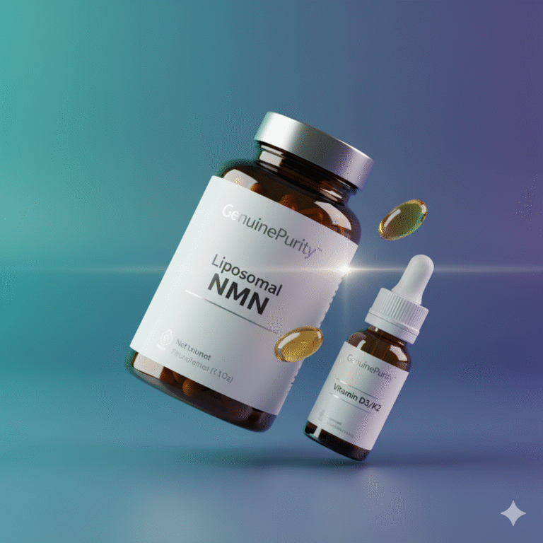 nmn vitamin d3 k2 hero stack on a blue gradient pedestal with crisp studio lighting