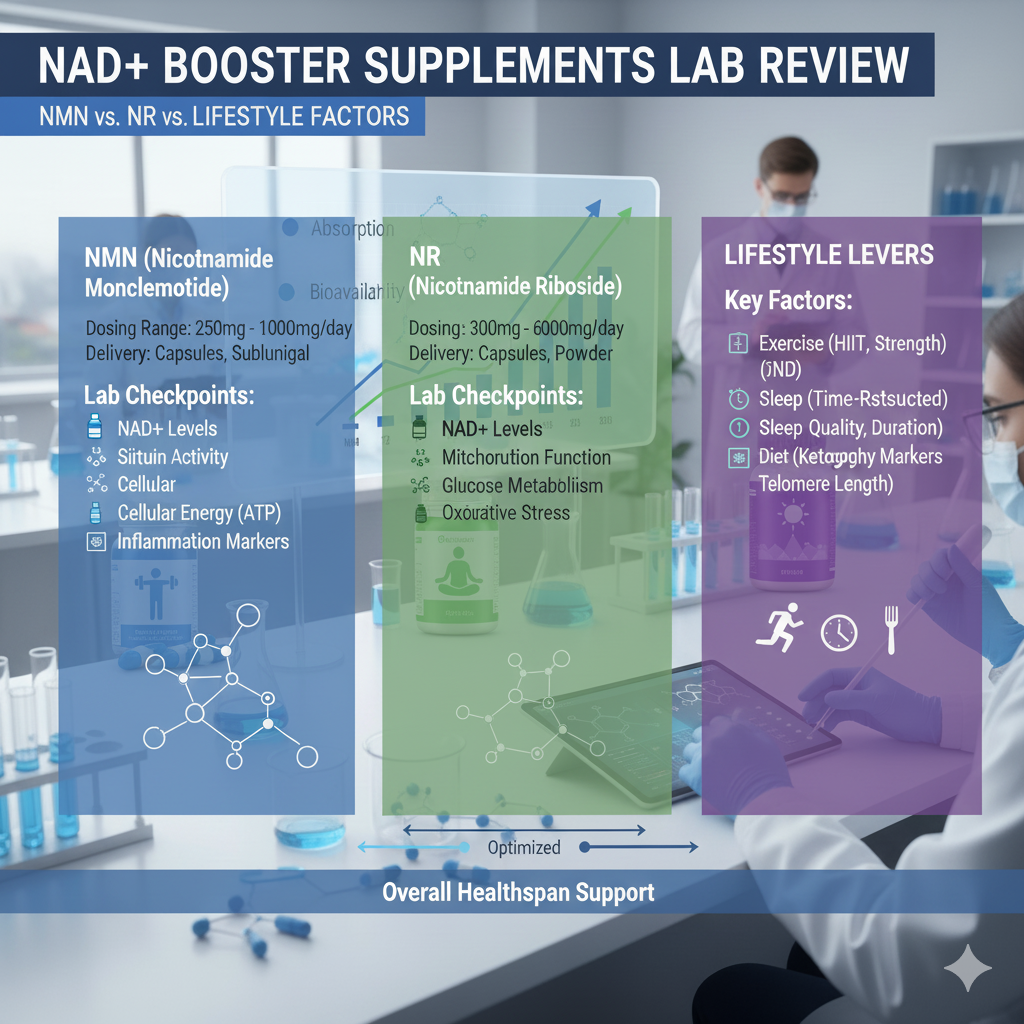 Infographic mapping nad+ booster supplements comparison tiers for NMN, NR, and lifestyle levers
