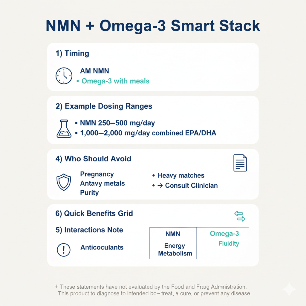 nmn omega 3 dosing and safety infographic