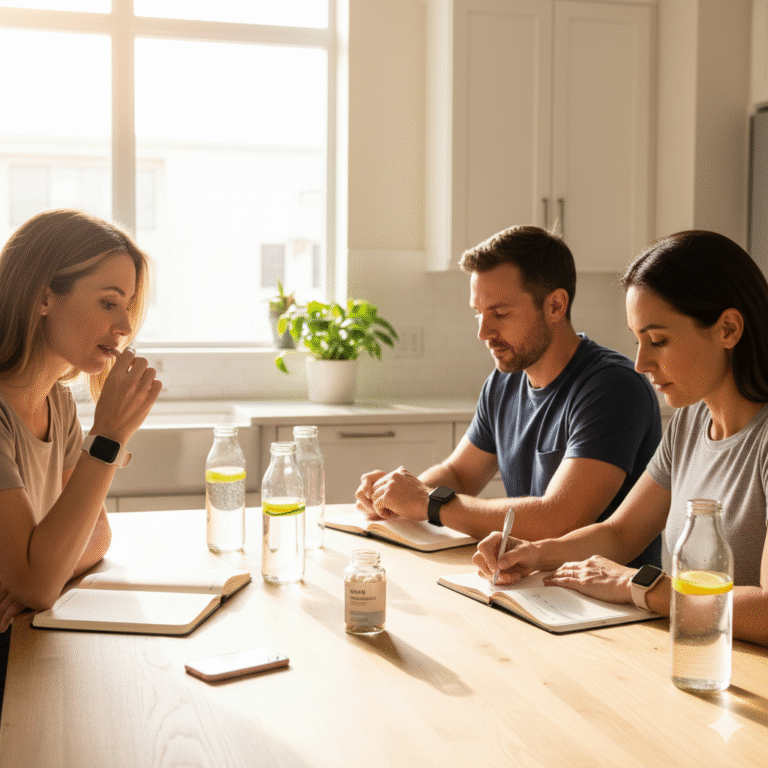 People organizing the best NMN supplement for beginners alongside morning hydration