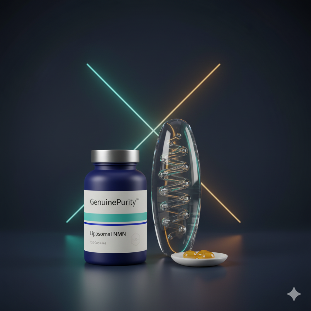 nmn coq10 — studio still-life with glass mitochondrion, GenuinePurity Liposomal NMN bottle, and amber CoQ10 softgels (dual-pillar theme)