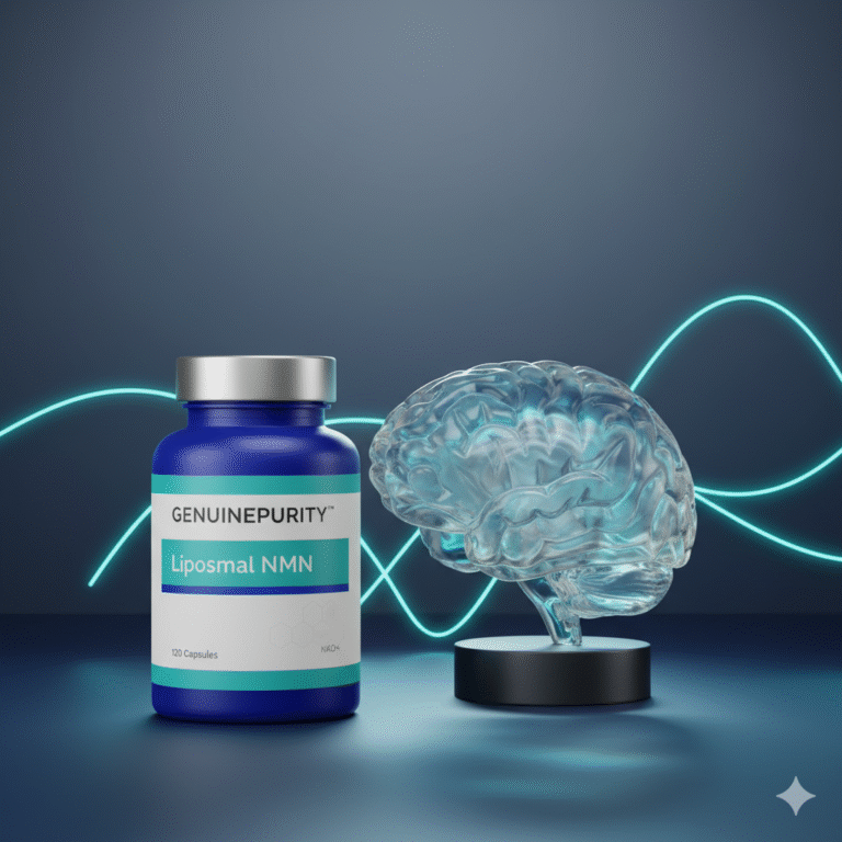 nmn cognitive benefits — studio still-life with translucent glass brain and GenuinePurity Liposomal NMN (cool blue theme)