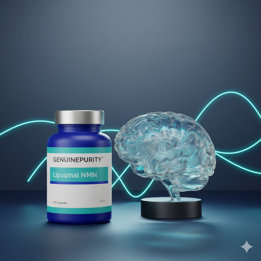 nmn cognitive benefits — studio still-life with translucent glass brain and GenuinePurity Liposomal NMN (cool blue theme)