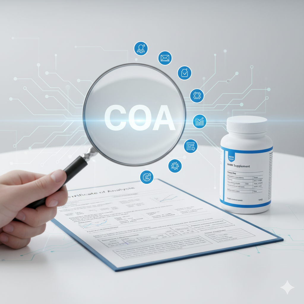 A guide on how to choose quality NMN, showing a magnifying glass inspecting a supplement bottle and a COA, symbolizing the importance of purity and third-party verification