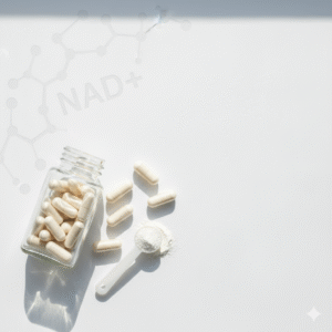 Flat-lay of the best NMN supplements beside NAD+ lab markers