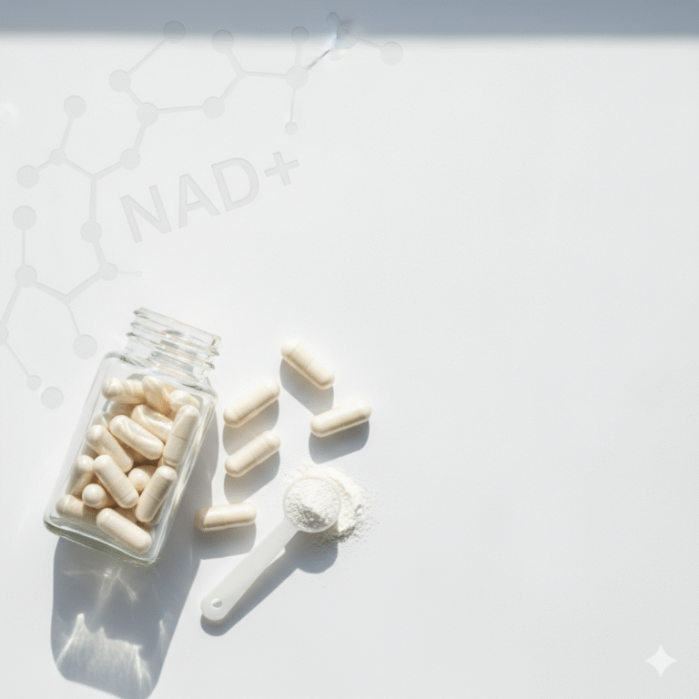 Flat-lay of the best NMN supplements beside NAD+ lab markers