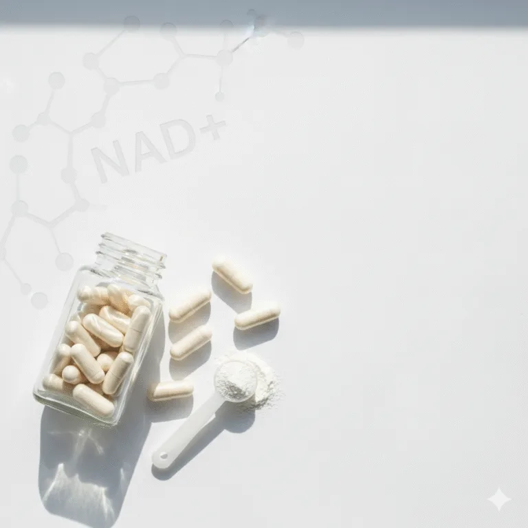 Flat-lay of the best NMN supplements beside NAD+ lab markers