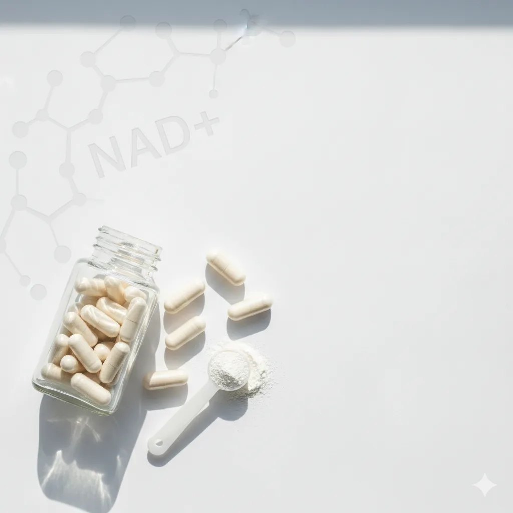 Flat-lay of the best NMN supplements beside NAD+ lab markers