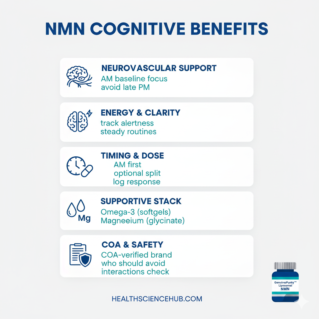 Infographic explaining the top 5 nmn cognitive benefits for brain health and mental performance.