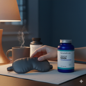 nmn magnesium sleep — cozy evening bedside scene with GenuinePurity Liposomal NMN, generic magnesium bottle, sleep mask, and warm lamp glow