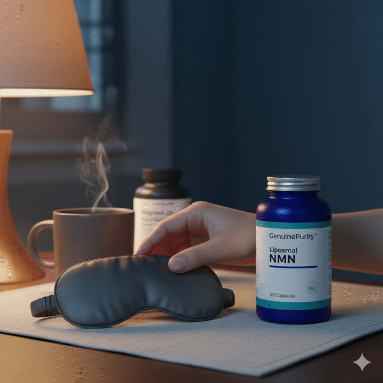 nmn magnesium sleep — cozy evening bedside scene with GenuinePurity Liposomal NMN, generic magnesium bottle, sleep mask, and warm lamp glow