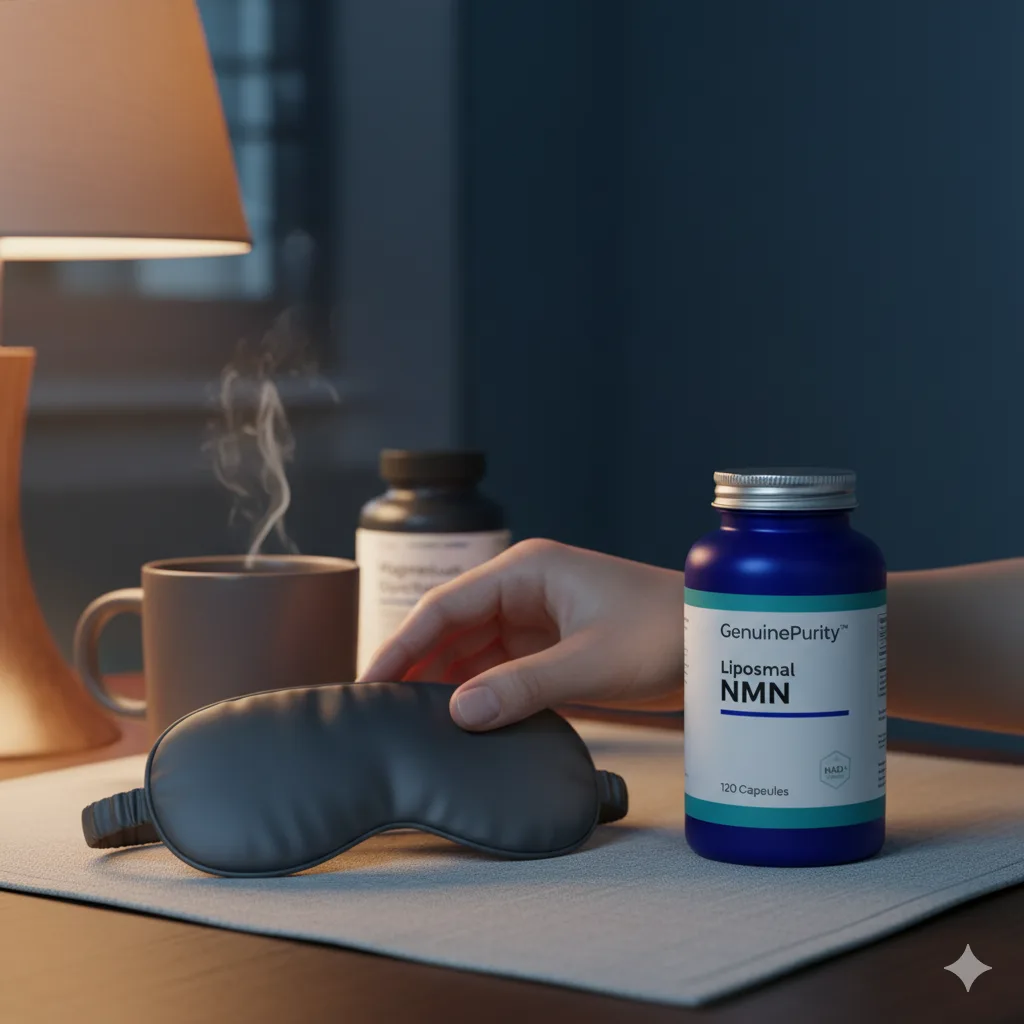 nmn magnesium sleep — cozy evening bedside scene with GenuinePurity Liposomal NMN, generic magnesium bottle, sleep mask, and warm lamp glow