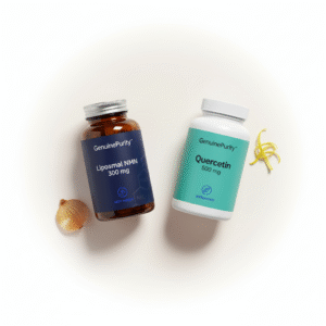 nmn quercetin synergy flat-lay with GenuinePurity liposomal nmn and quercetin bottles