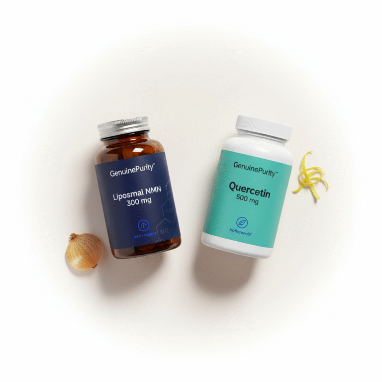 nmn quercetin synergy flat-lay with GenuinePurity liposomal nmn and quercetin bottles