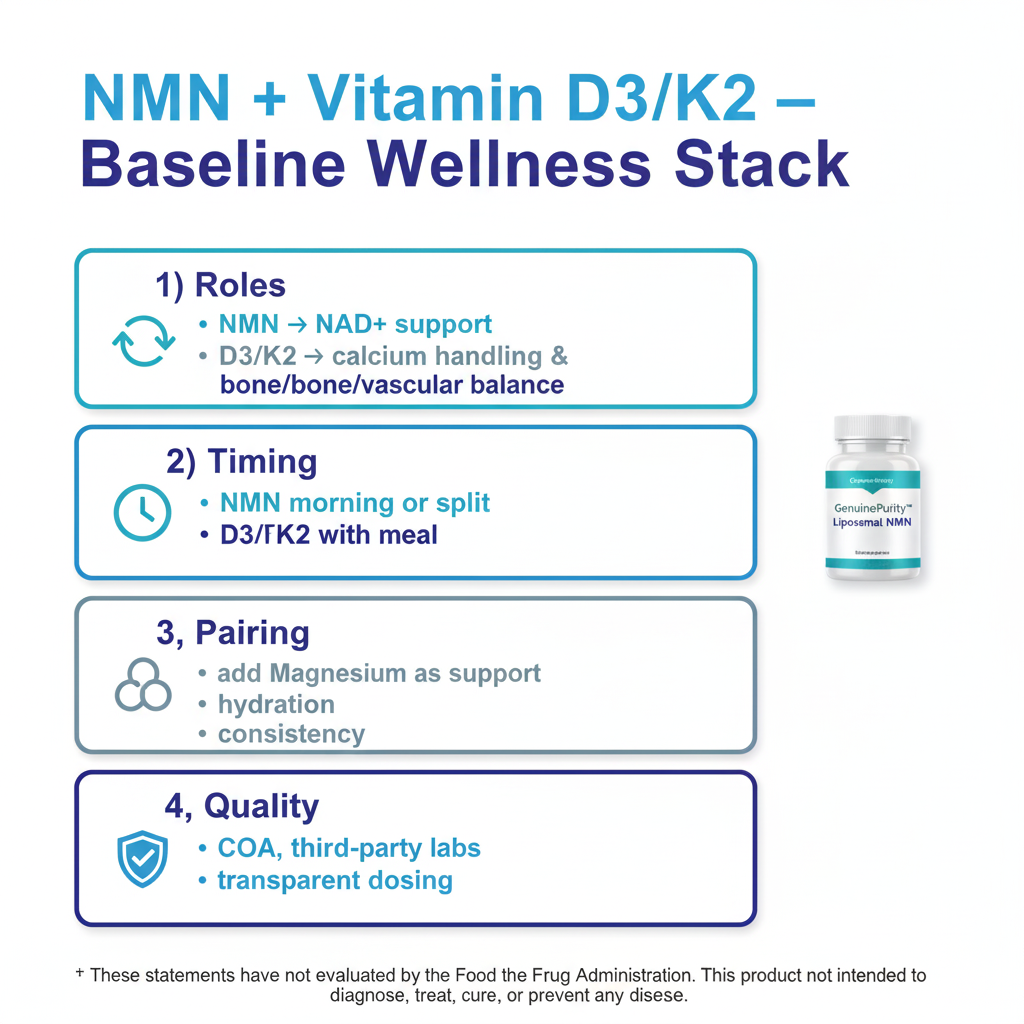 nmn vitamin d3 k2 infographic — timing, dosing, safety, COA