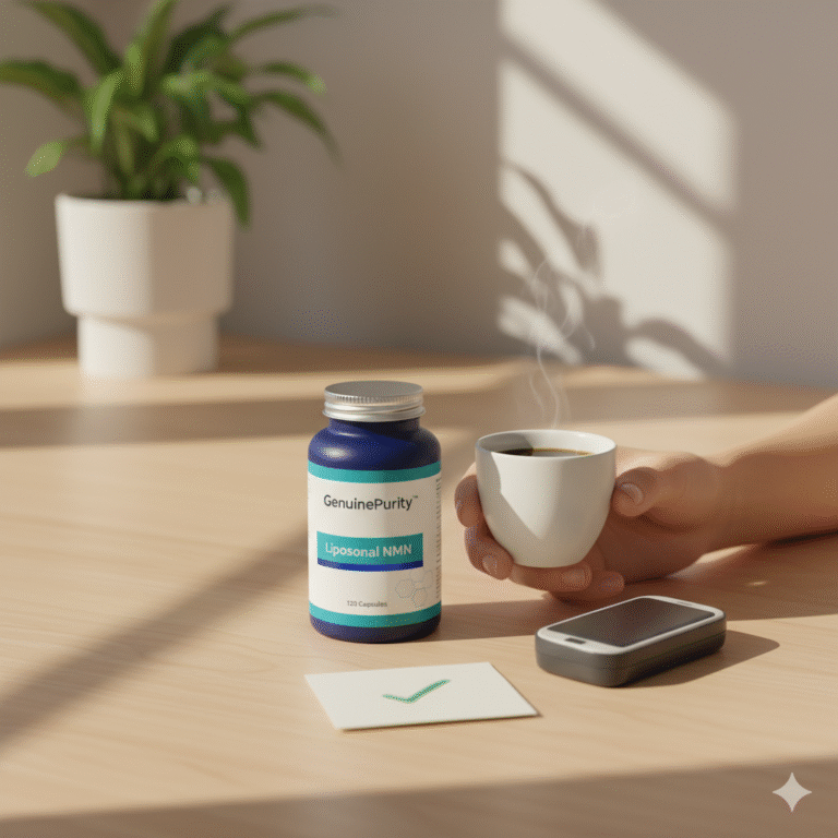 nmn insulin sensitivity — GenuinePurity Liposomal NMN bottle with minimal metabolic cues (editorial hero)