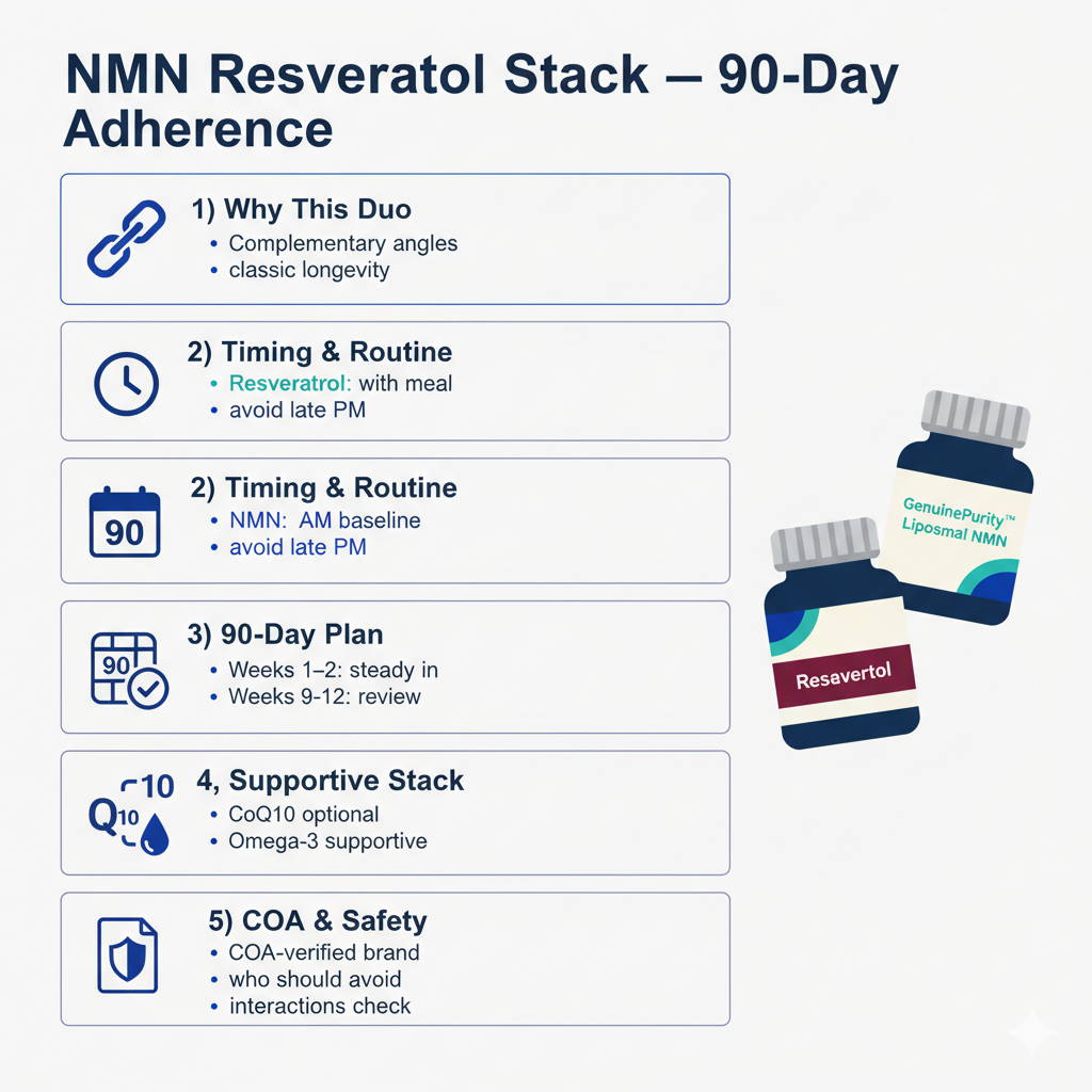 Infographic explaining the 90-day nmn resveratrol stack protocol