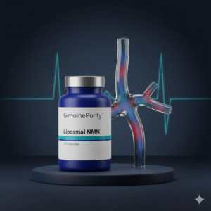 nmn cardiovascular benefits — studio still-life with translucent glass artery and GenuinePurity Liposomal NMN (cool red/blue refractions)