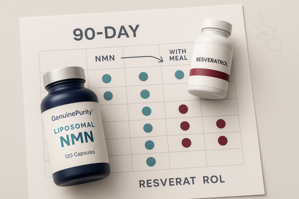 nmn resveratrol stack — top-down 90-day adherence grid with GenuinePurity Liposomal NMN and a minimalist resveratrol bottle