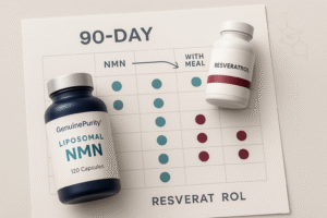 nmn resveratrol stack — top-down 90-day adherence grid with GenuinePurity Liposomal NMN and a minimalist resveratrol bottle