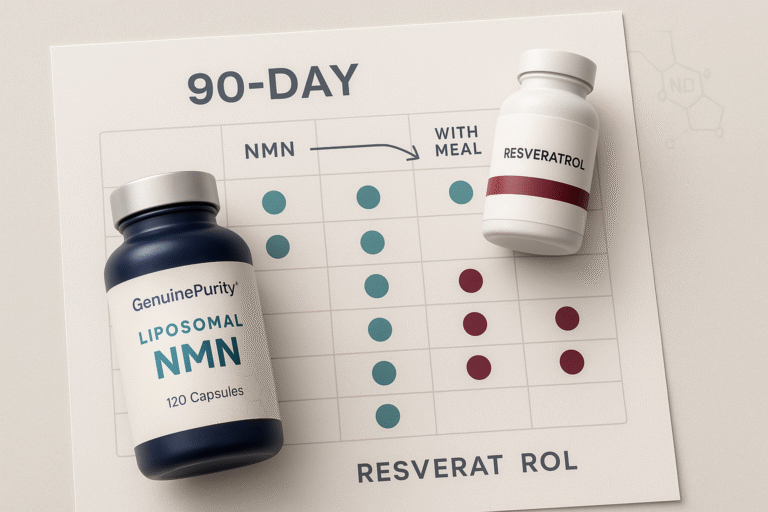 nmn resveratrol stack — top-down 90-day adherence grid with GenuinePurity Liposomal NMN and a minimalist resveratrol bottle