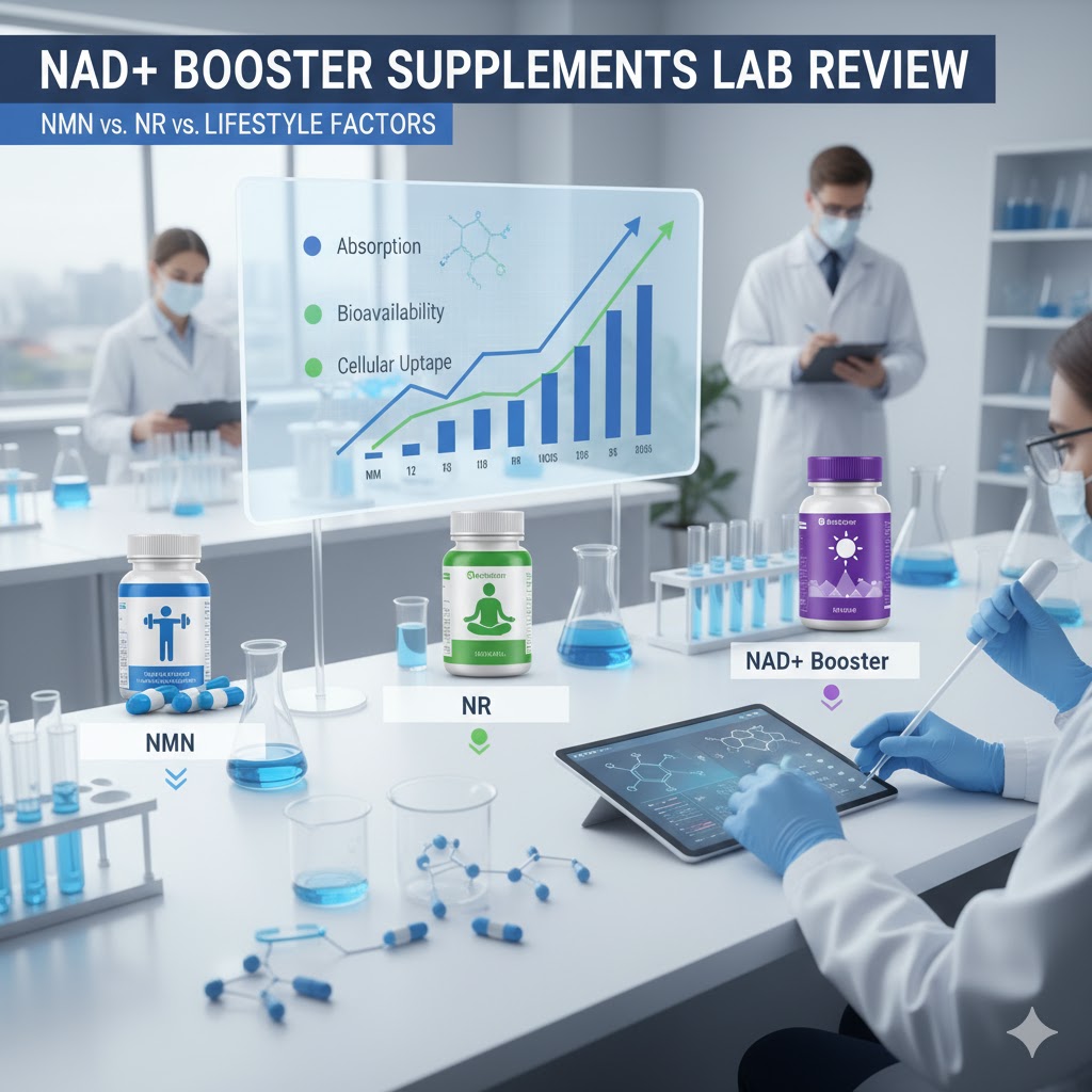 Clinical workspace illustrating nad+ booster supplements comparison across NMN, NR, and lifestyle levers