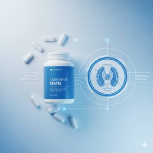 Liposomal NMN capsules and mitochondria infographic on blue-white clean background